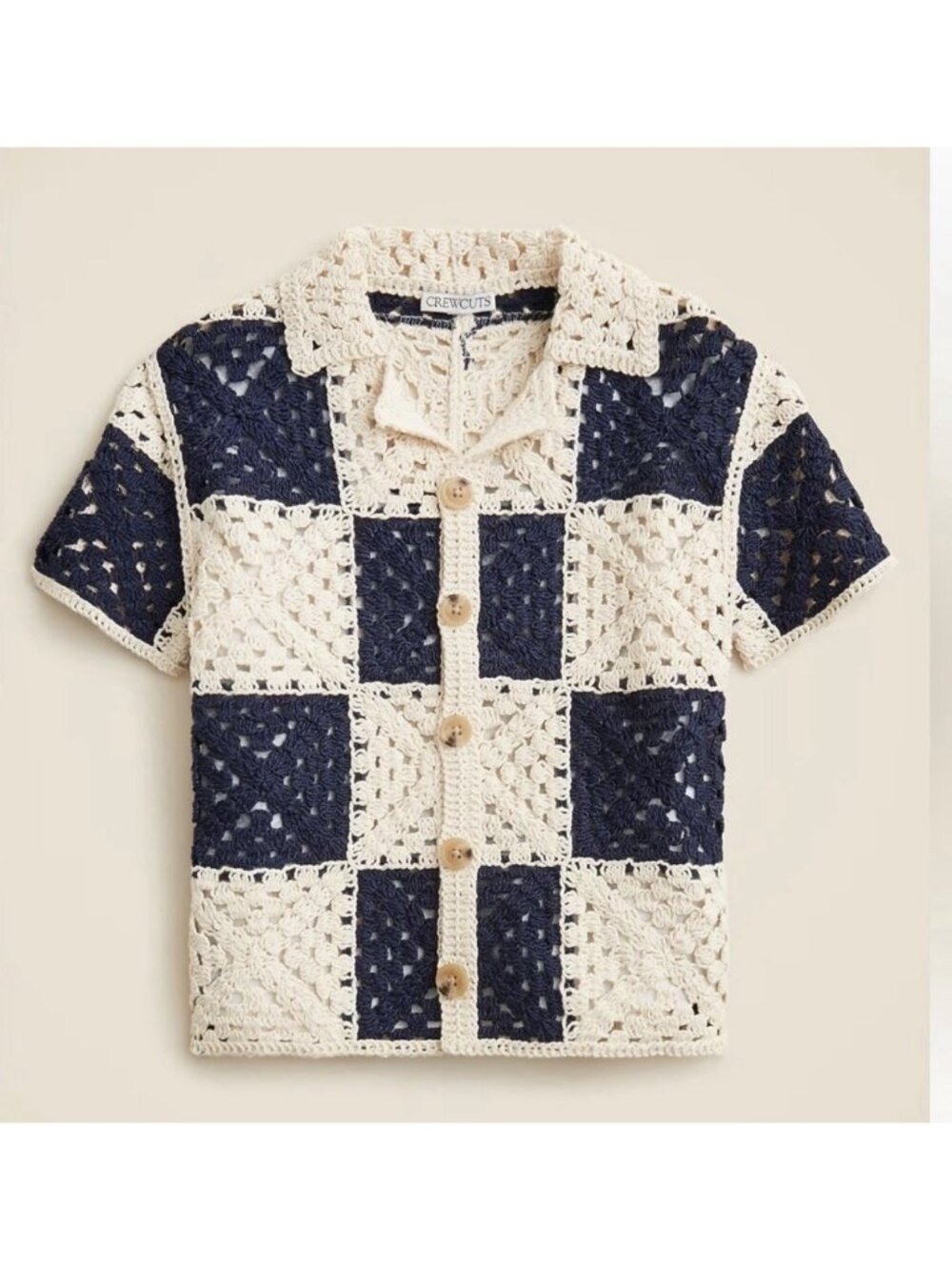 J. Crew Crewcuts Kids Short-Sleeve Checker Crochet Retro Shirt Navy Cream Medium